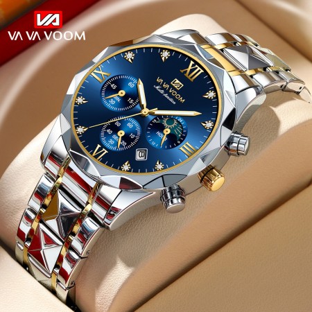 NEW VAVA VOOM Luxury Men Watches Business Top Brand Man Wristwatch Waterproof Luminous Date Week Quartz Men's Watch High Quality+Box-Silver&Blue