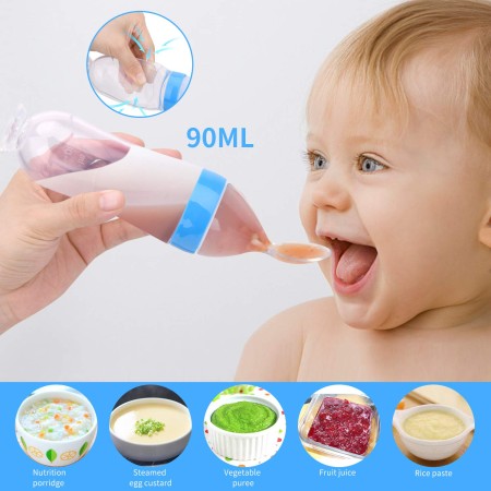 Silicone Baby Food Feeder With Dispensing Spoon, Travel Baby Training Bottle with Spoon Soft Head Baby Feeding Tools