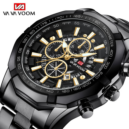 Sports waterproof quartz watch Steel Belt Three-eye Six-pin Sports Water Resistant Quartz Watch