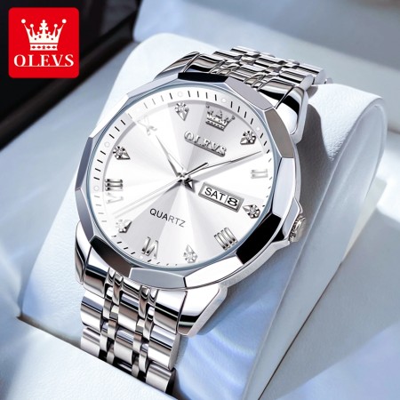 New Luxury OLEVS Watch for Men Stainless Steel Water Resistant Watches - TOTON AR DIAL White